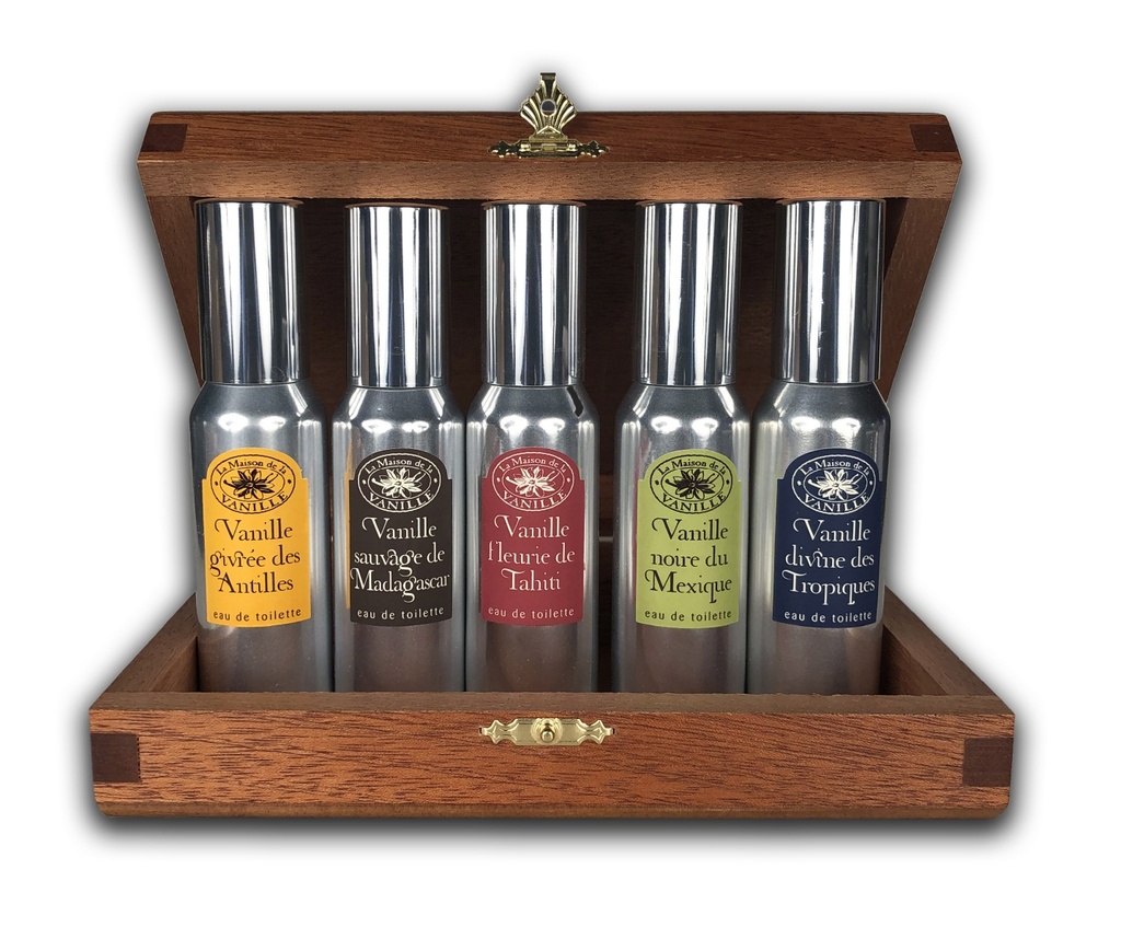 La Maison de la Vanille - Coffret en bois 5x30 ml Collection Origines - Antilles + Madagascar +  Mexique + Tahiti + Tropiques